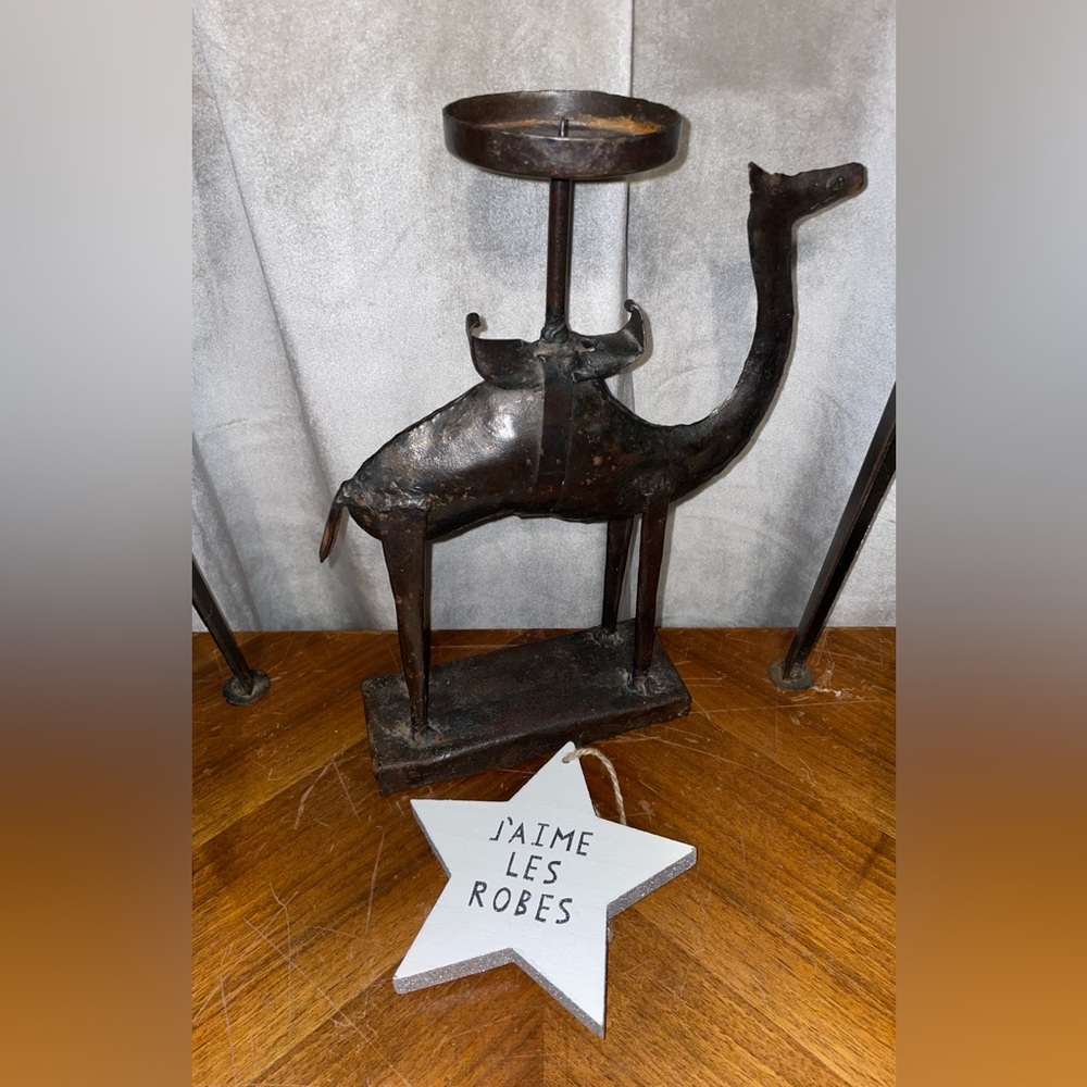 Striking & Sculptural Vintage Handmade Metal Camel Candle Holder, India - RARE!
